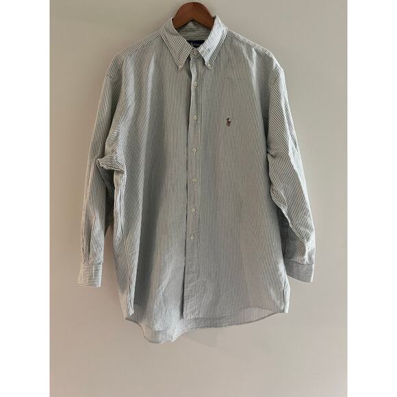 Ralph Lauren Yarmouth Button Down Casual Shirt Sage Green Stripes Size 17 JL - Picture 1 of 8